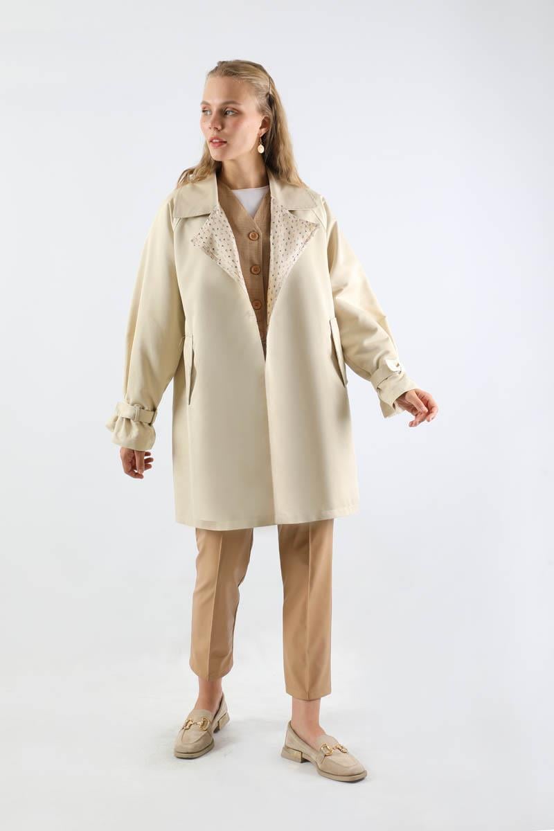 Yakası Desenli Midi Trençkot Ekru