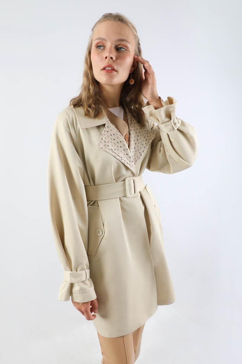 Yakası Desenli Midi Trençkot Ekru