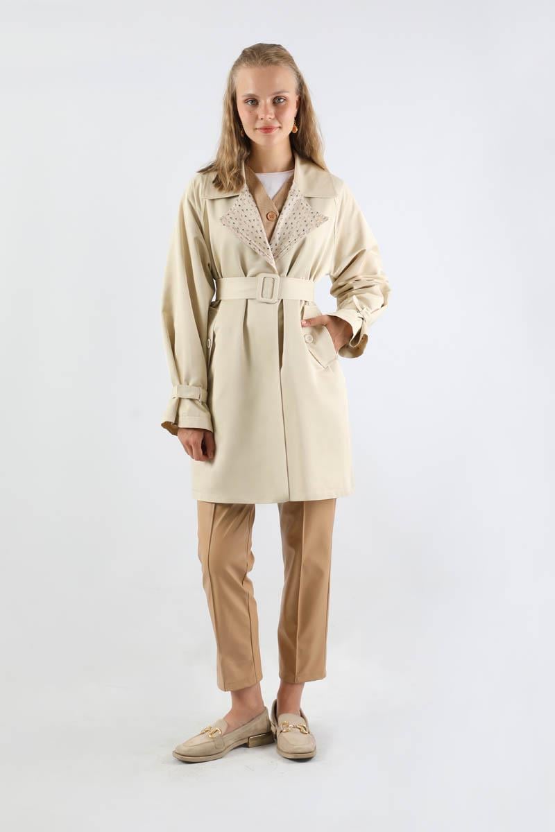 Yakası Desenli Midi Trençkot Ekru