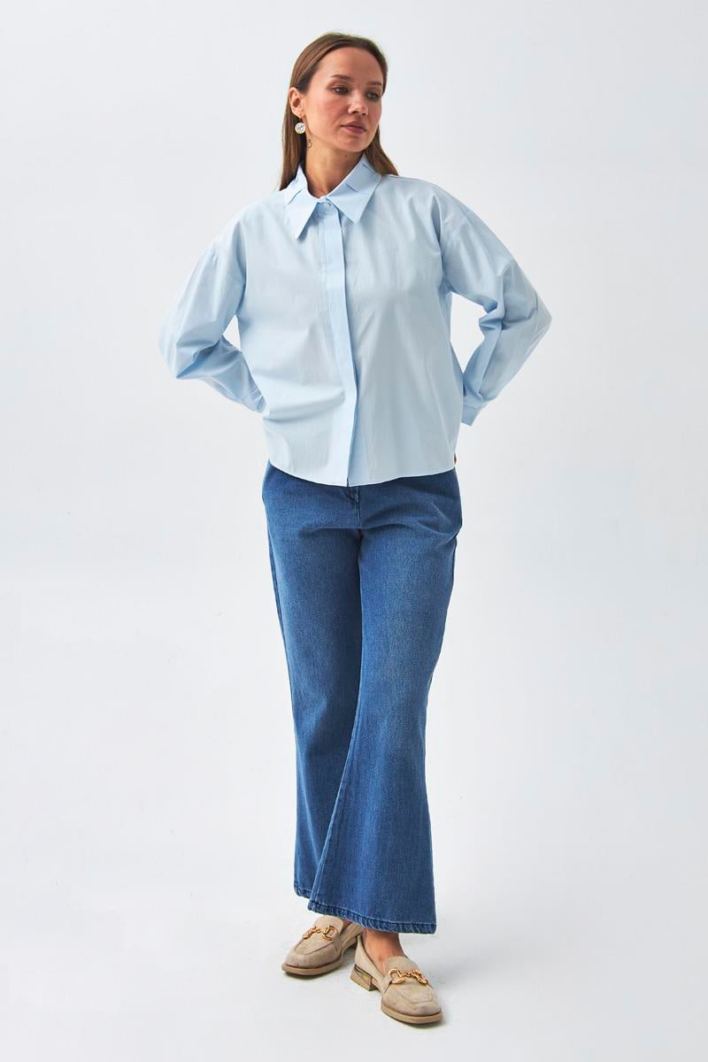 Yakası Pile Detaylı Gömlek Buz Mavisi