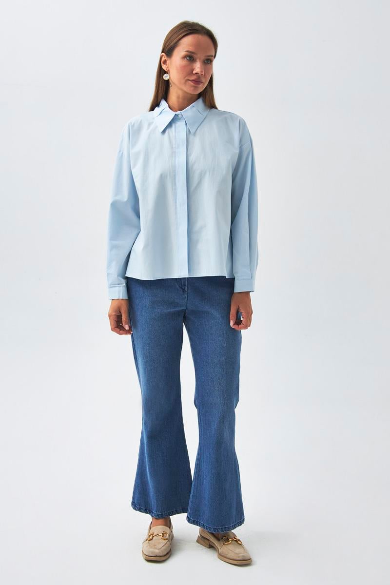 Yakası Pile Detaylı Gömlek Buz Mavisi