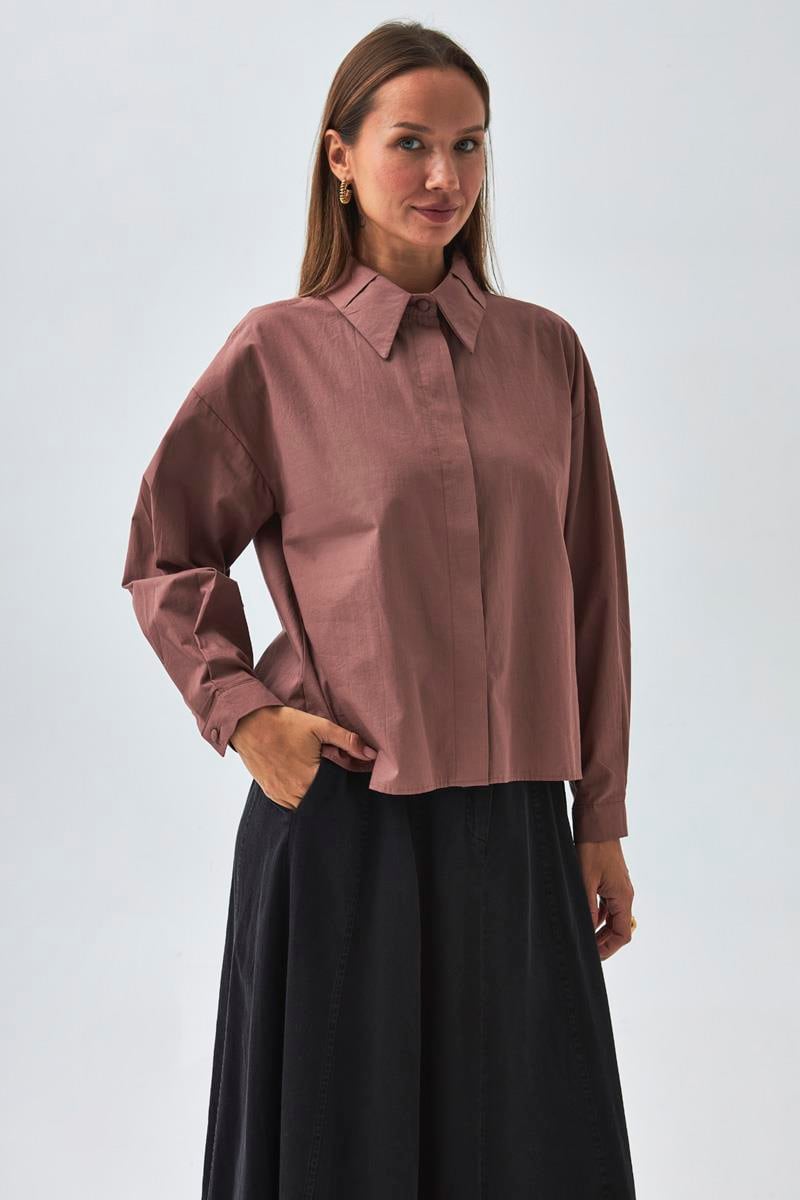 Yakası Pile Detaylı Gömlek Gül Kurusu