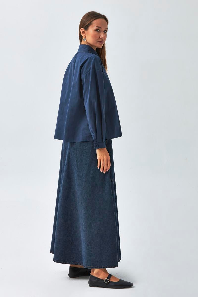 Yakası Pile Detaylı Gömlek Lacivert