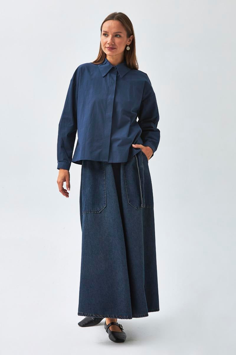 Yakası Pile Detaylı Gömlek Lacivert