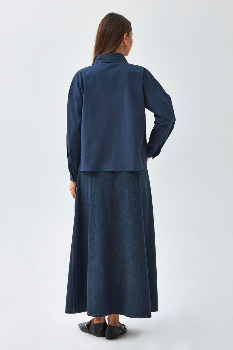 Yakası Pile Detaylı Gömlek Lacivert