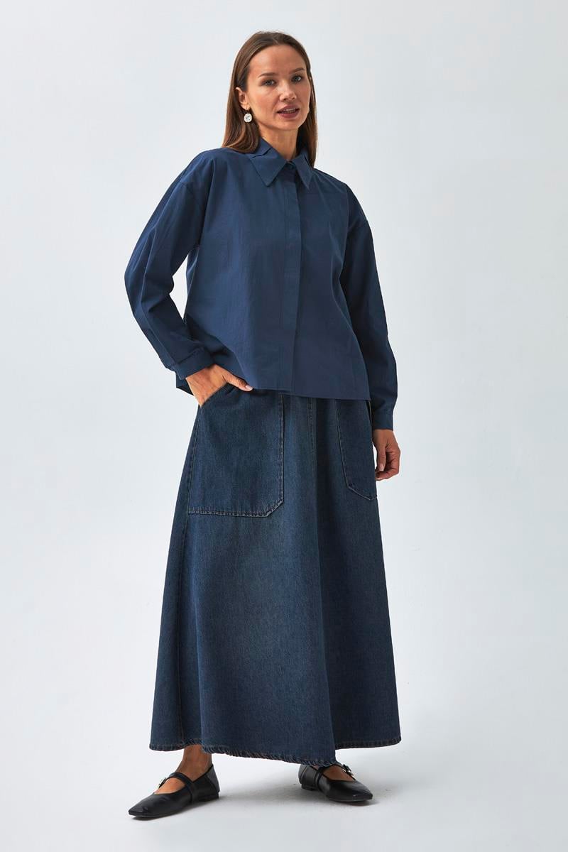 Yakası Pile Detaylı Gömlek Lacivert