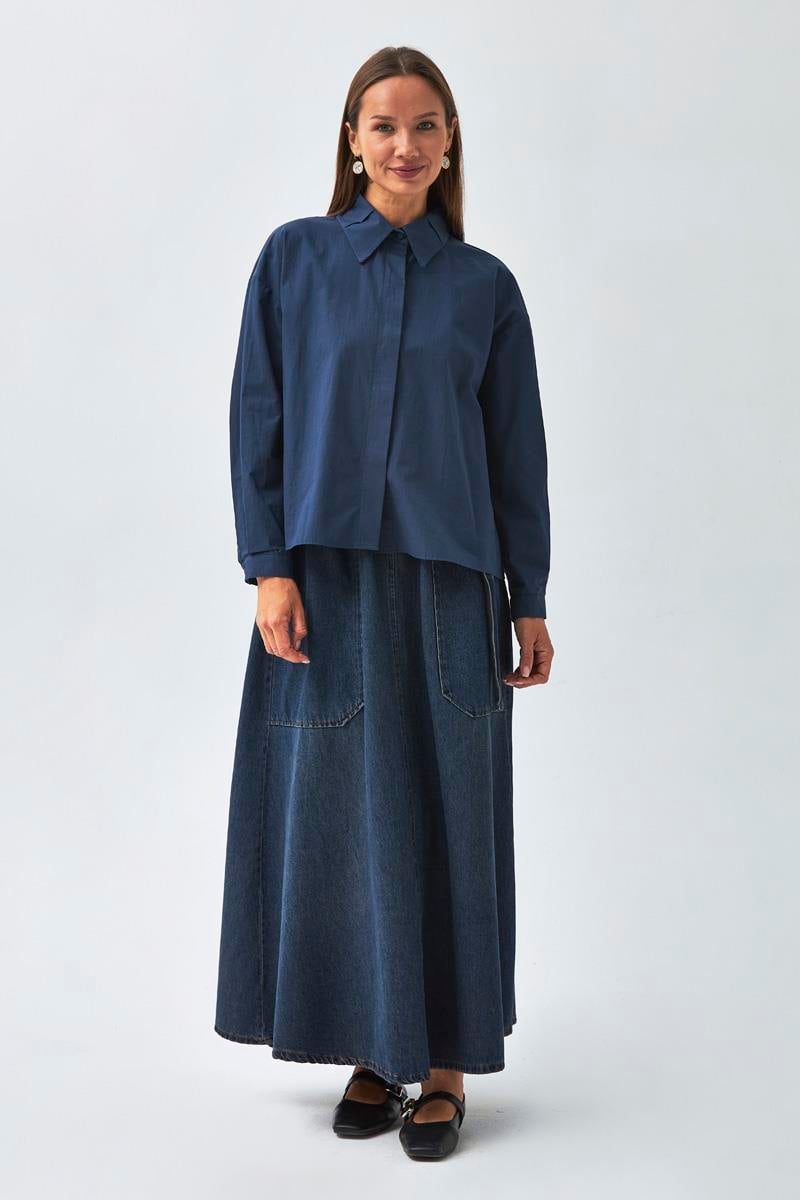 Yakası Pile Detaylı Gömlek Lacivert