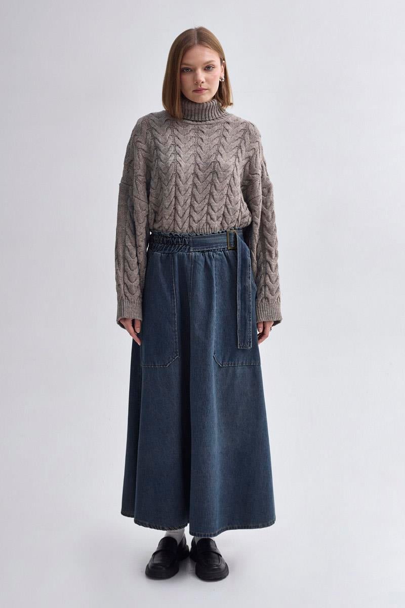 Yandan Tokalı Denim Etek Koyu Mavi