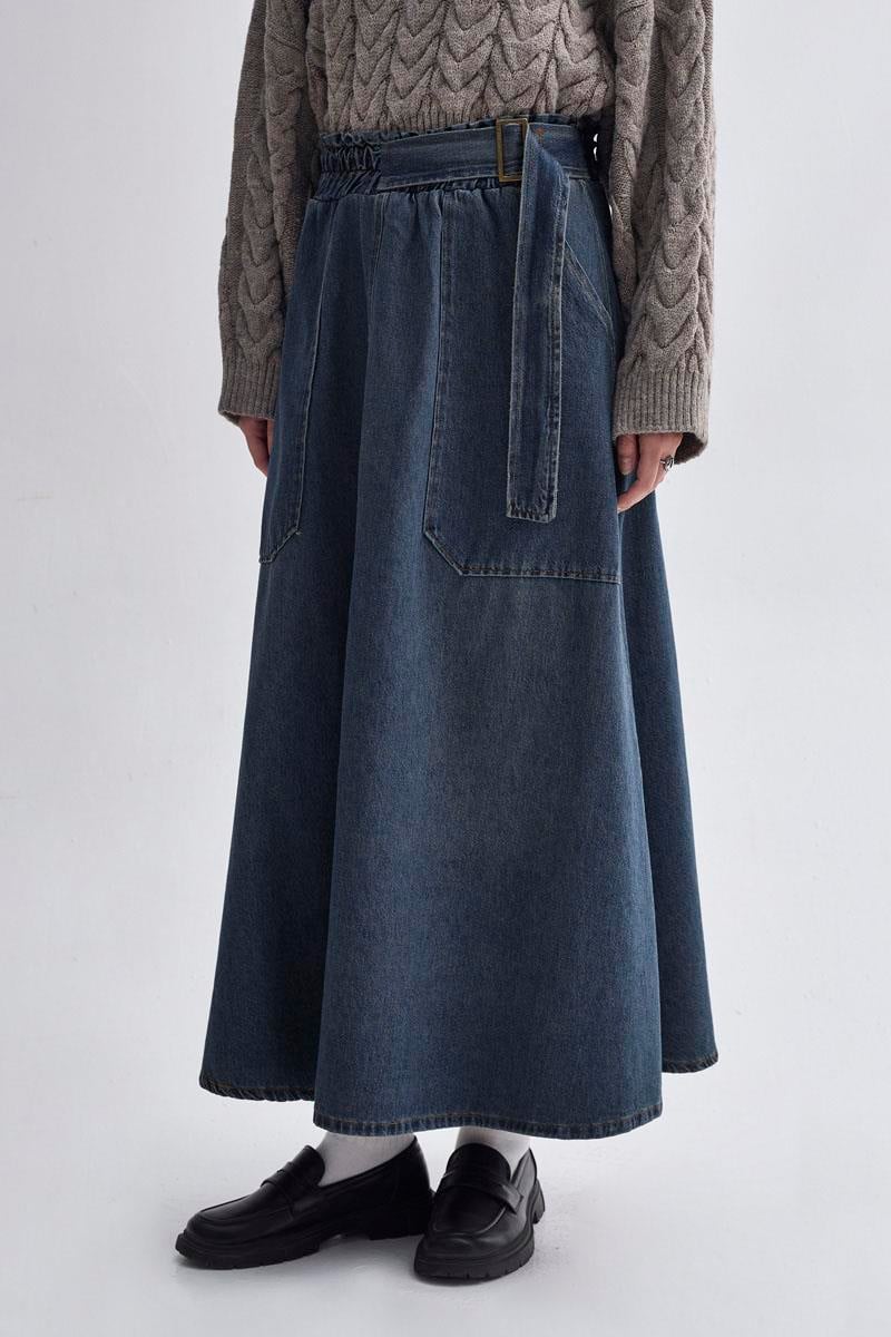 Yandan Tokalı Denim Etek Koyu Mavi