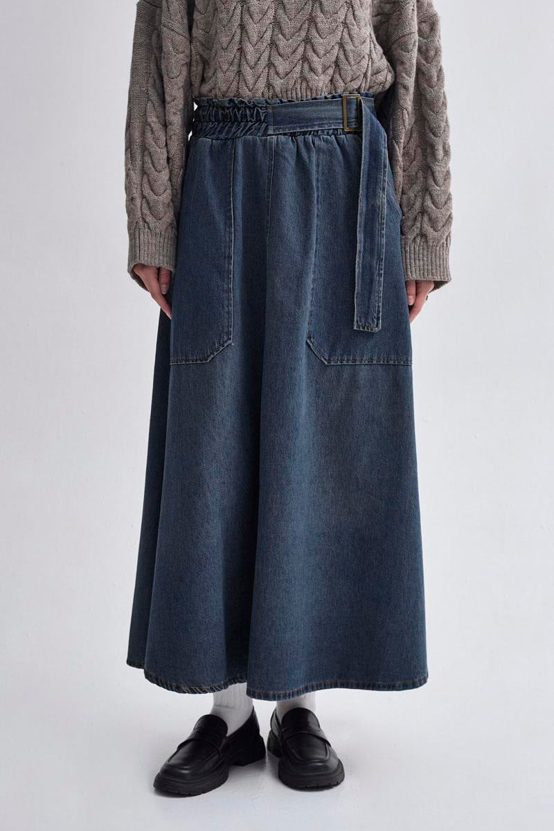 Yandan Tokalı Denim Etek Koyu Mavi