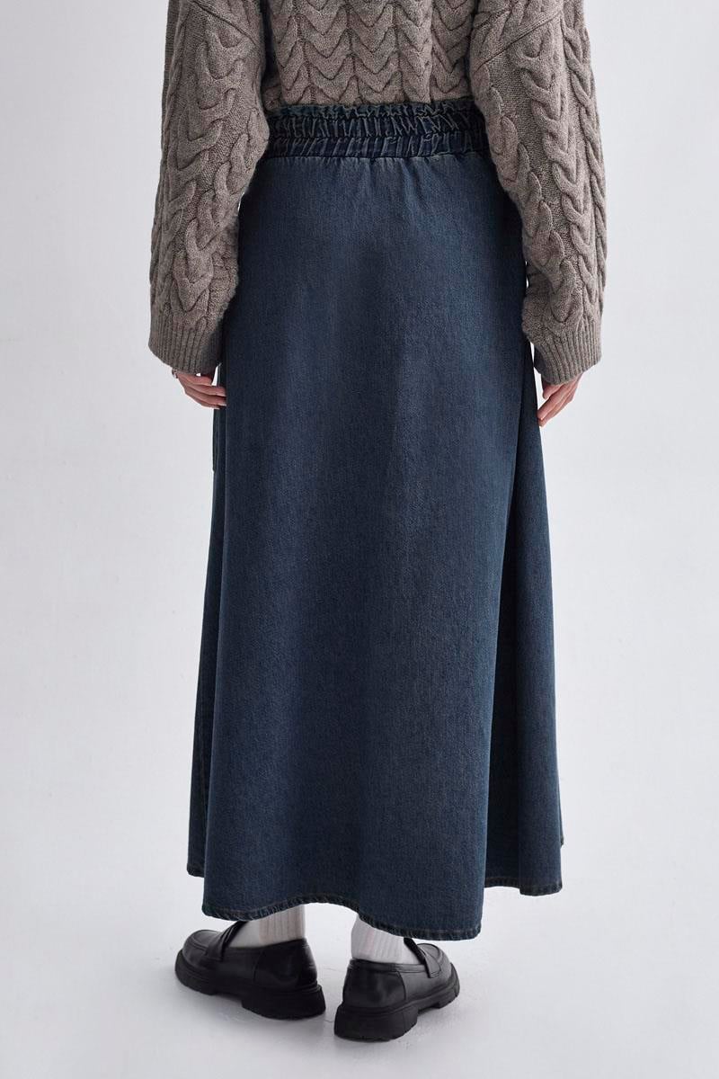 Yandan Tokalı Denim Etek Koyu Mavi