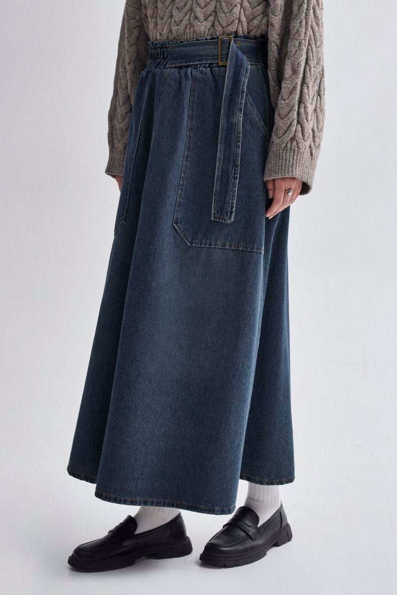 Yandan Tokalı Denim Etek Koyu Mavi