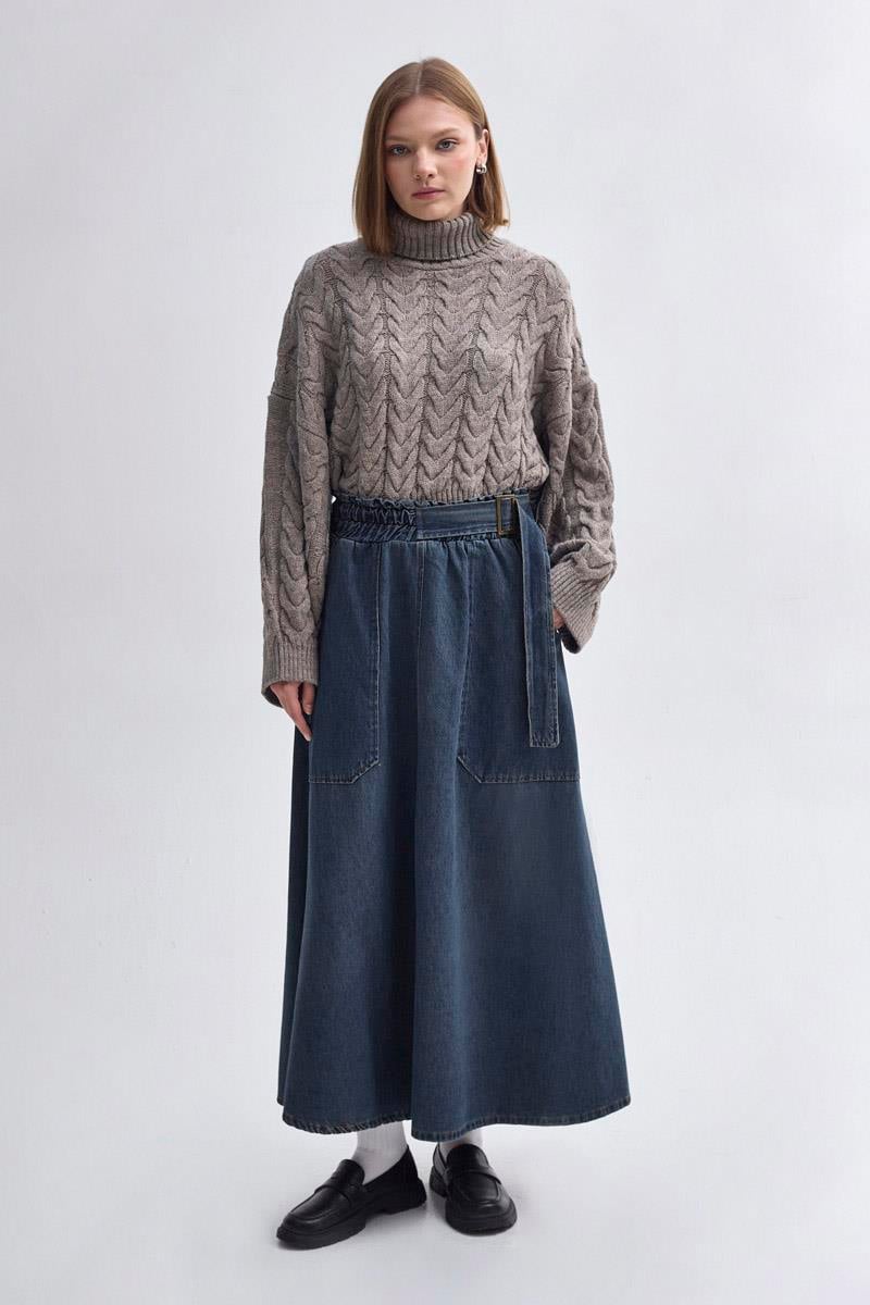 Yandan Tokalı Denim Etek Koyu Mavi