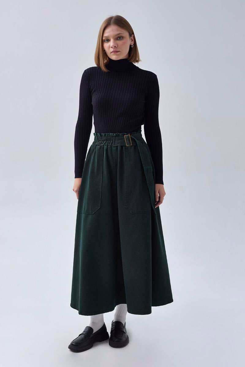 Yandan Tokalı Denim Etek Koyu Tint Yeşil