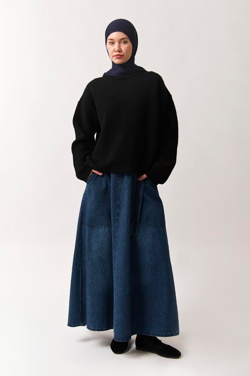 Yandan Tokalı Denim Etek Mavi