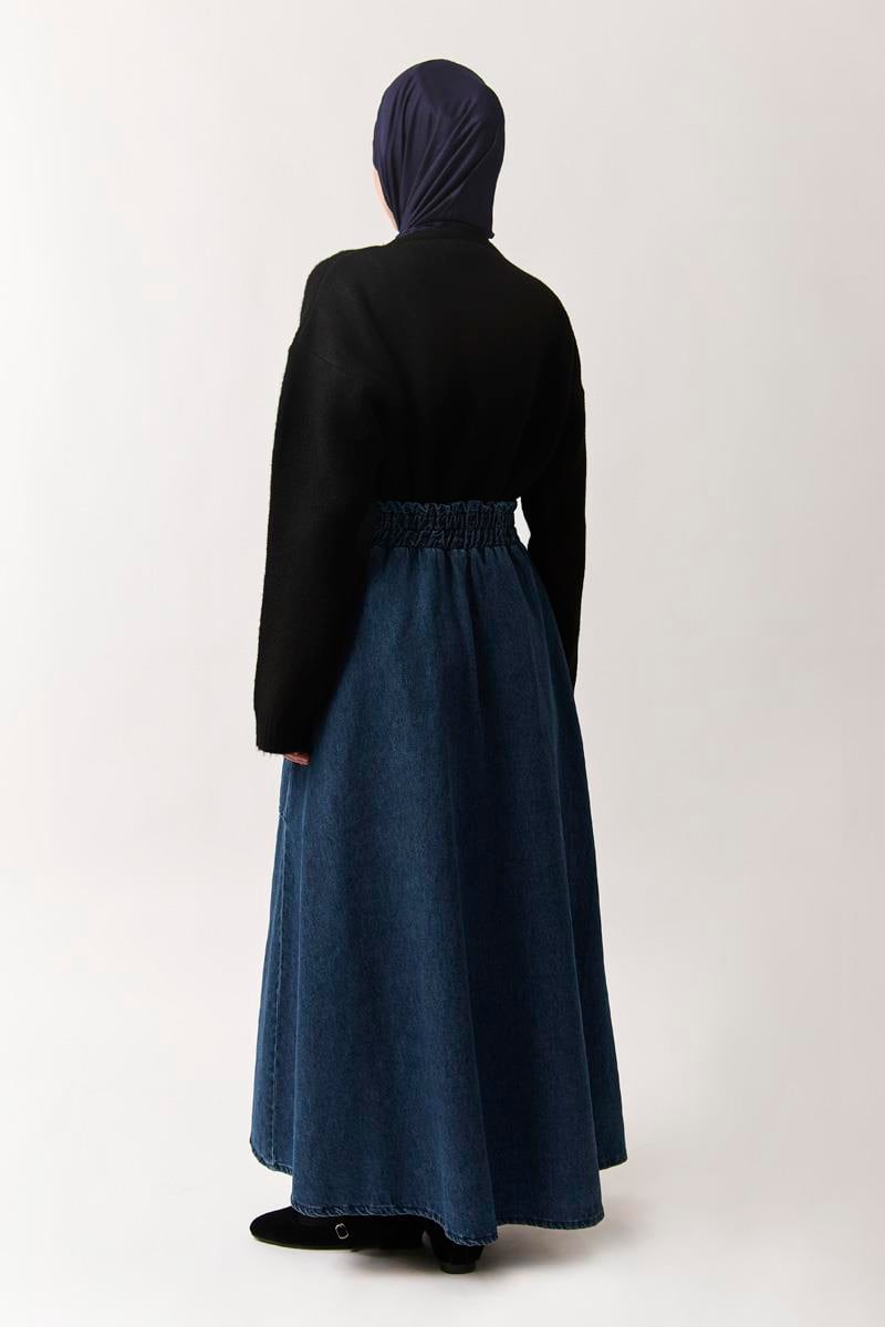 Yandan Tokalı Denim Etek Mavi