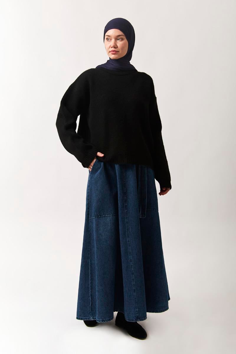 Yandan Tokalı Denim Etek Mavi