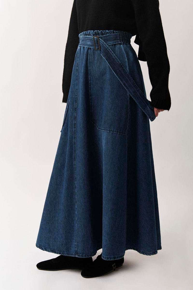 Yandan Tokalı Denim Etek Mavi