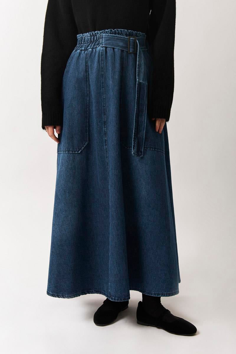 Yandan Tokalı Denim Etek Mavi