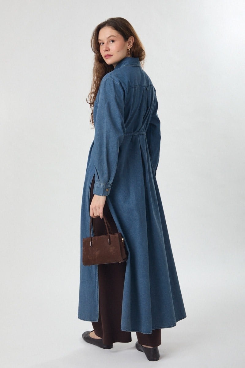Yanlardan Derin Yırtmaçlı Uzun Denim Gömlek Açık Mavi