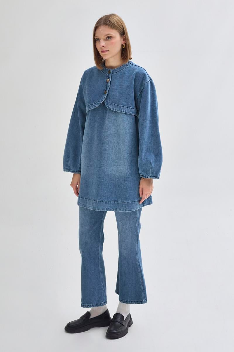 Yarım Düğmeli Denim Tunik Açık Mavi