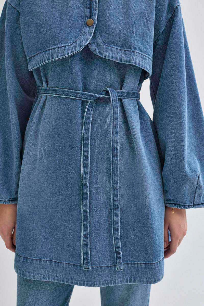 Yarım Düğmeli Denim Tunik Açık Mavi