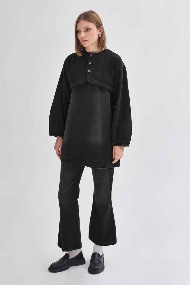 Yarım Düğmeli Denim Tunik Siyah
