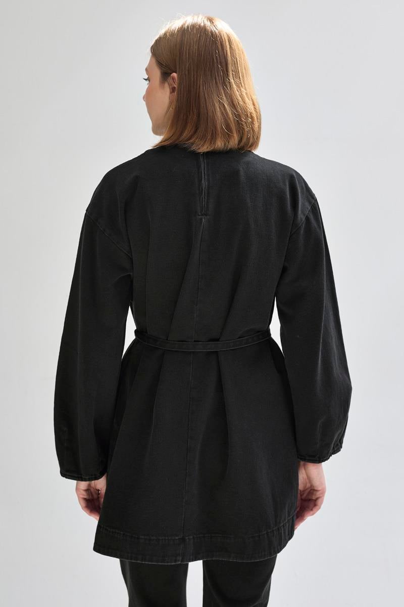 Yarım Düğmeli Denim Tunik Siyah