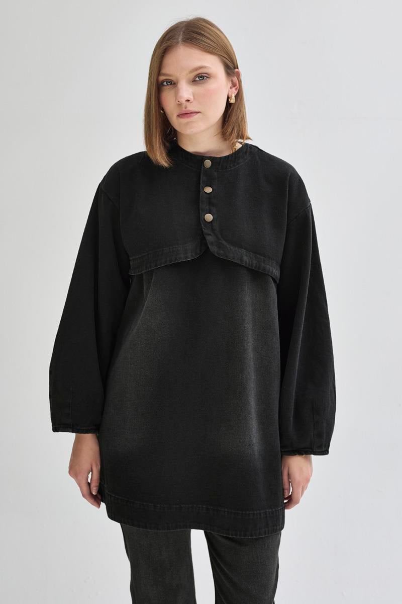 Yarım Düğmeli Denim Tunik Siyah