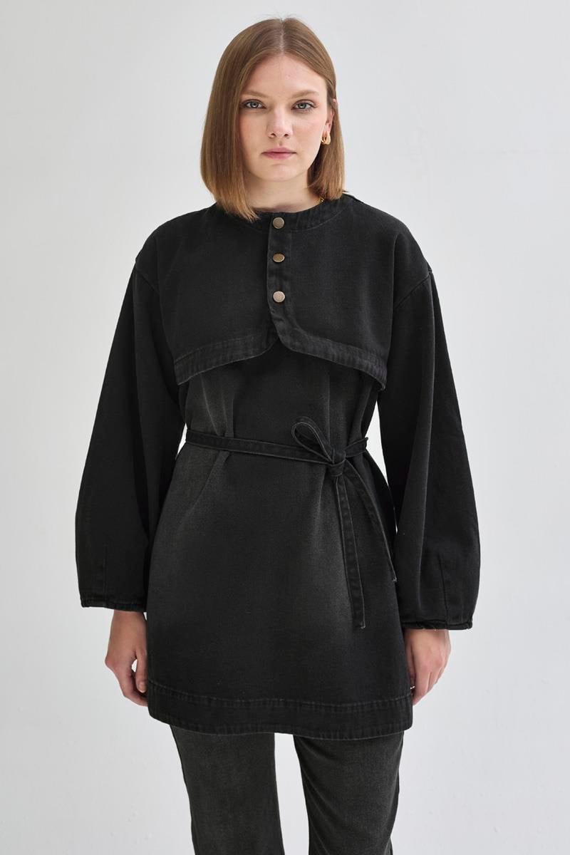 Yarım Düğmeli Denim Tunik Siyah