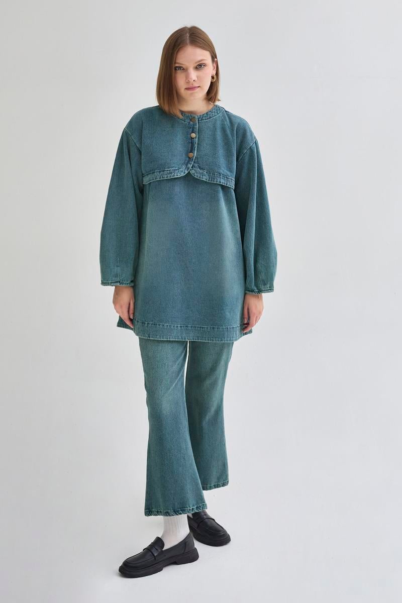 Yarım Düğmeli Denim Tunik Yeşil Tintli