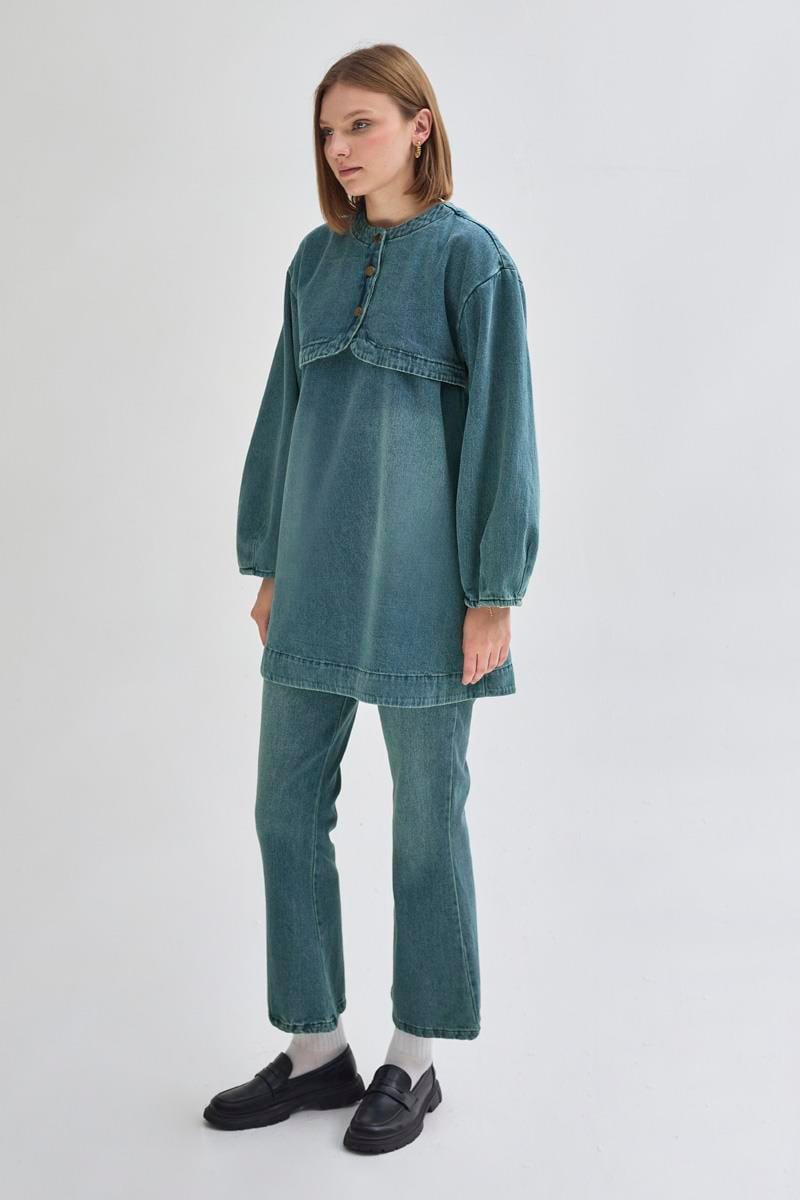 Yarım Düğmeli Denim Tunik Yeşil Tintli