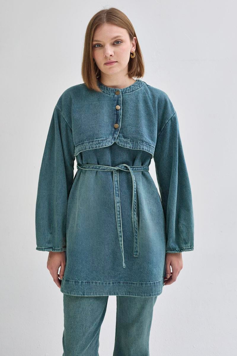 Yarım Düğmeli Denim Tunik Yeşil Tintli