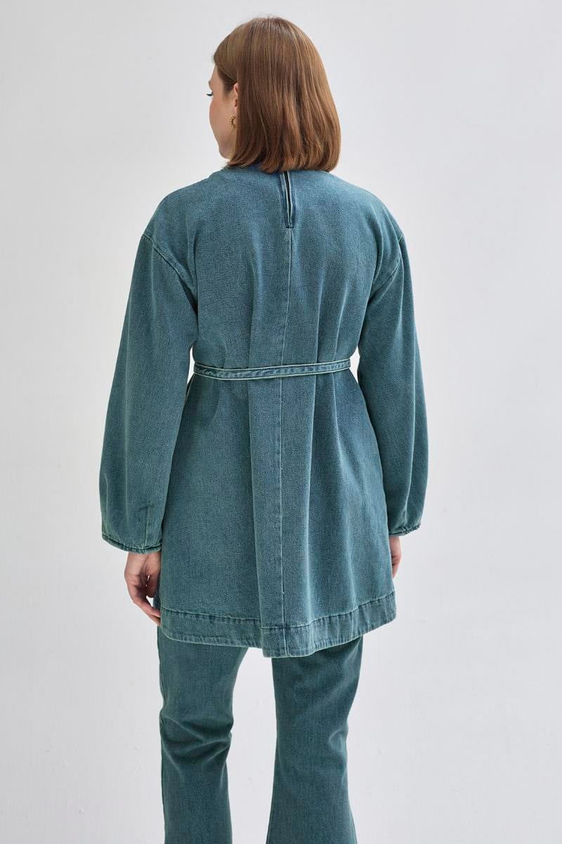 Yarım Düğmeli Denim Tunik Yeşil Tintli