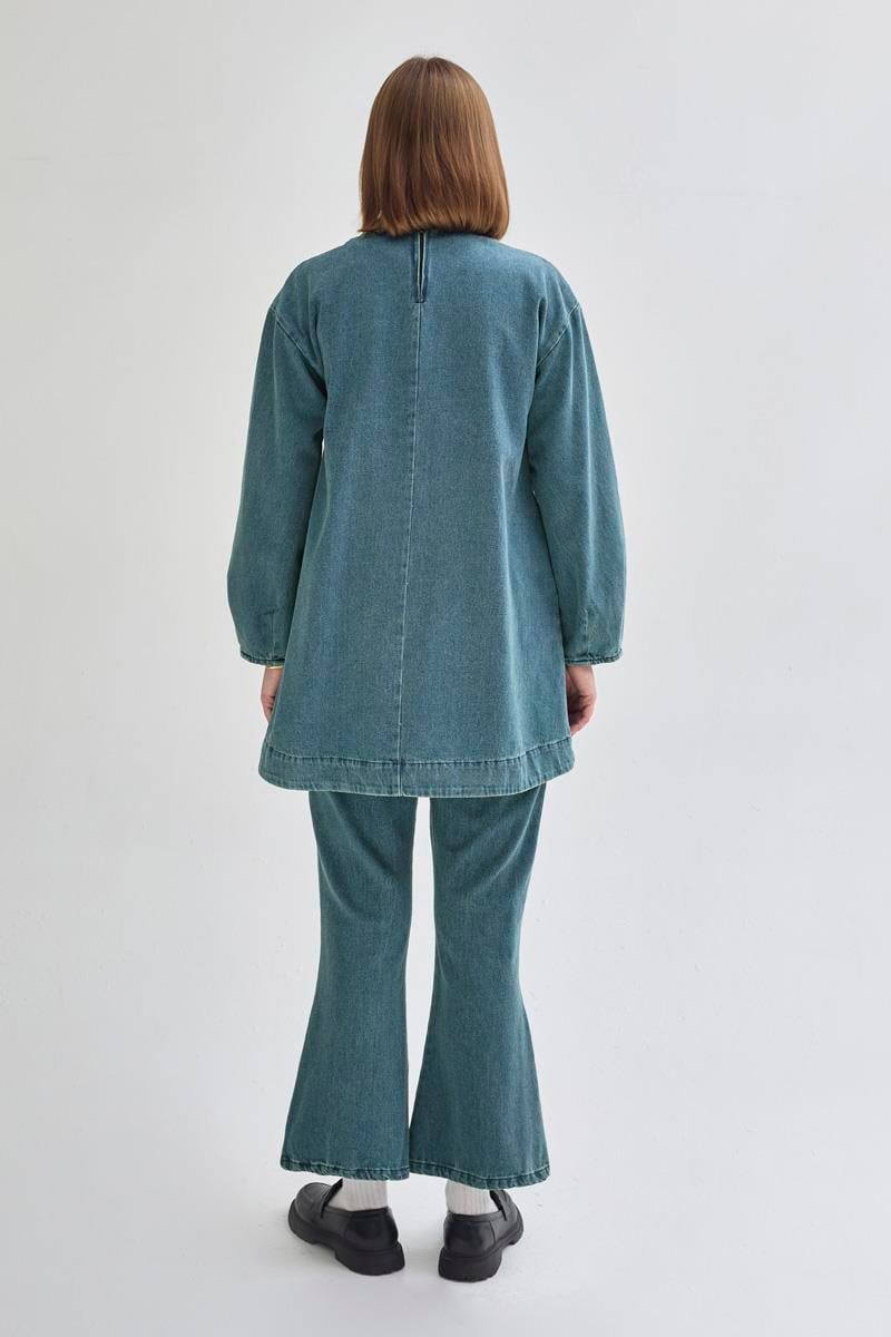 Yarım Düğmeli Denim Tunik Yeşil Tintli