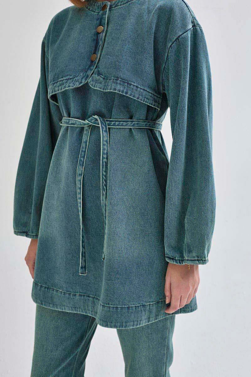 Yarım Düğmeli Denim Tunik Yeşil Tintli