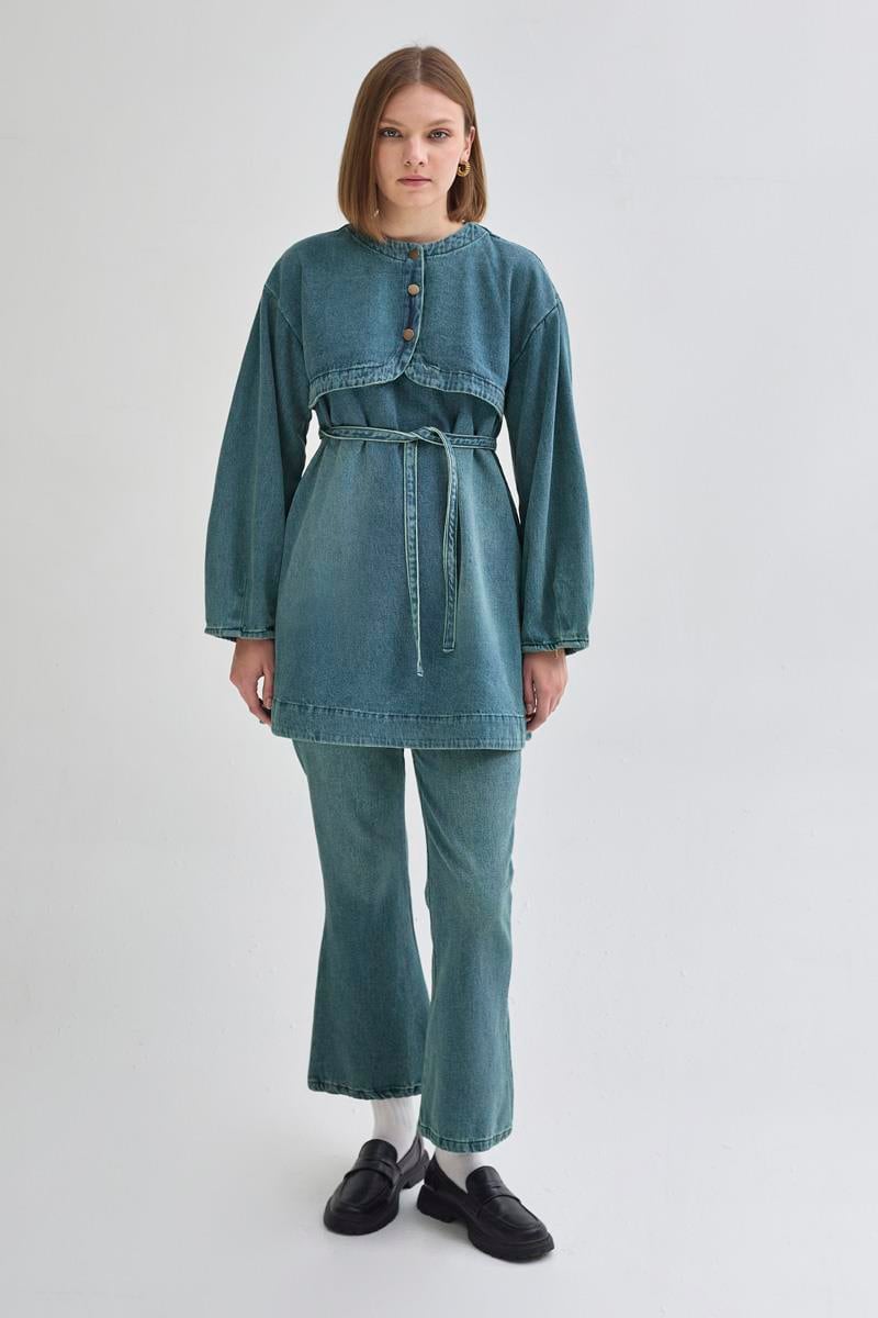 Yarım Düğmeli Denim Tunik Yeşil Tintli