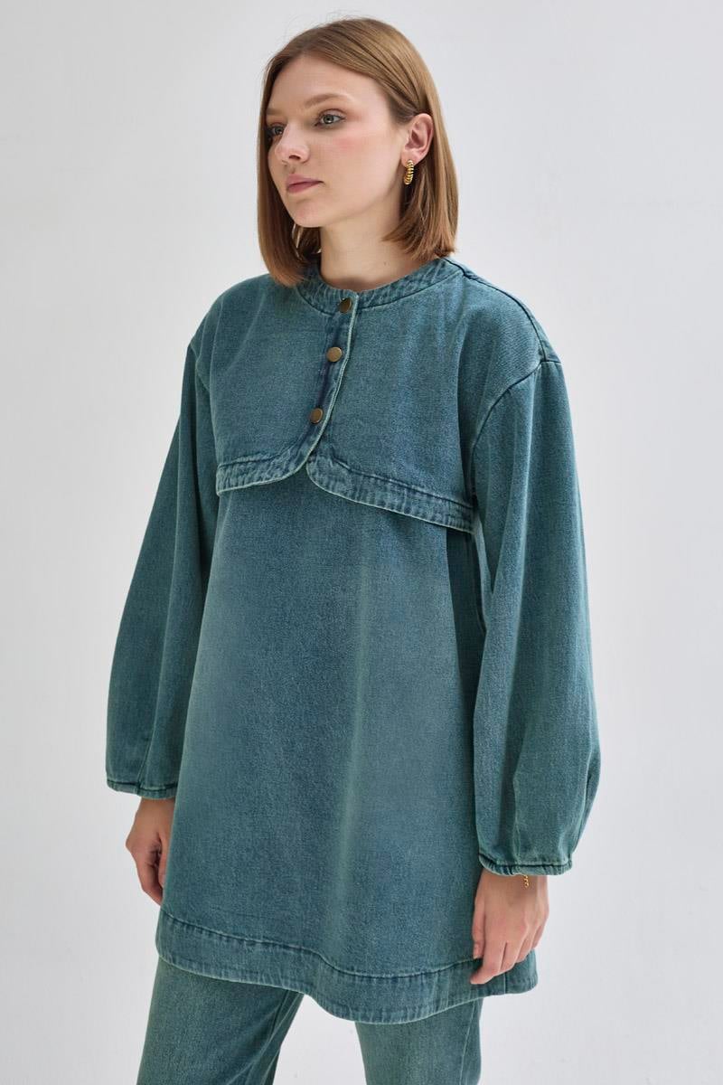Yarım Düğmeli Denim Tunik Yeşil Tintli