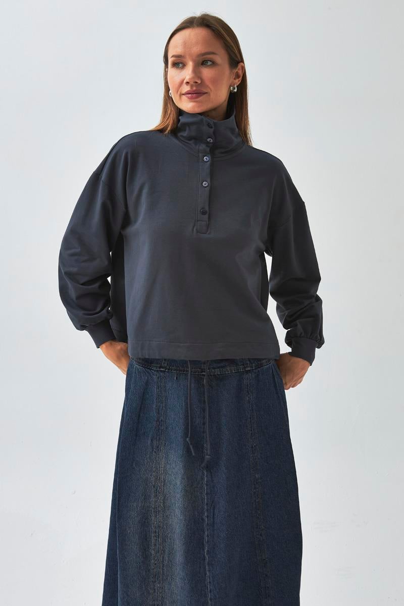 Yarım Düğmeli Sweatshirt Antrasit