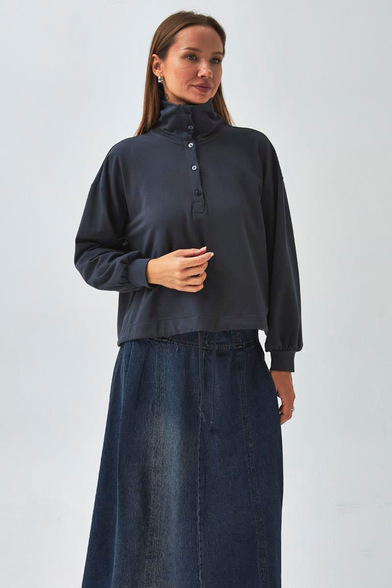 Yarım Düğmeli Sweatshirt Antrasit