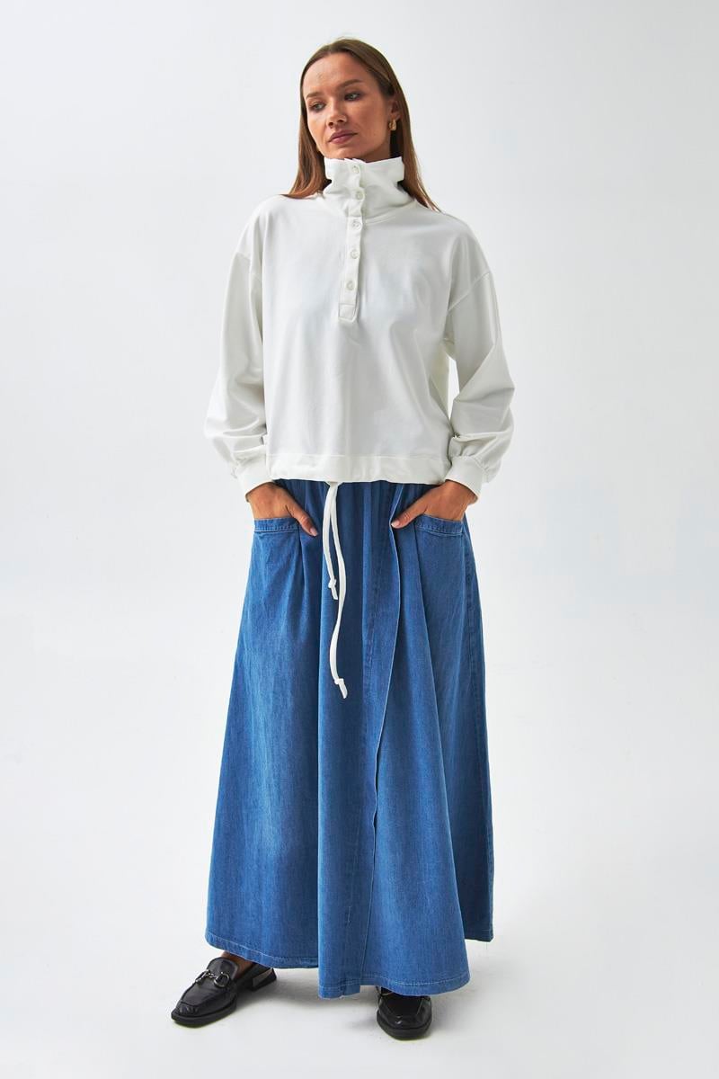 Yarım Düğmeli Sweatshirt Ekru