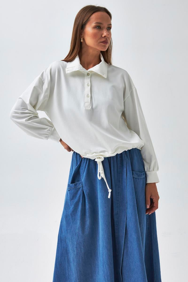 Yarım Düğmeli Sweatshirt Ekru