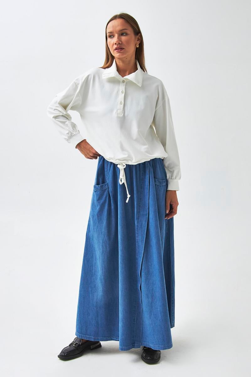 Yarım Düğmeli Sweatshirt Ekru