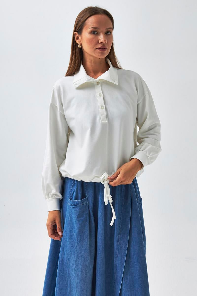 Yarım Düğmeli Sweatshirt Ekru