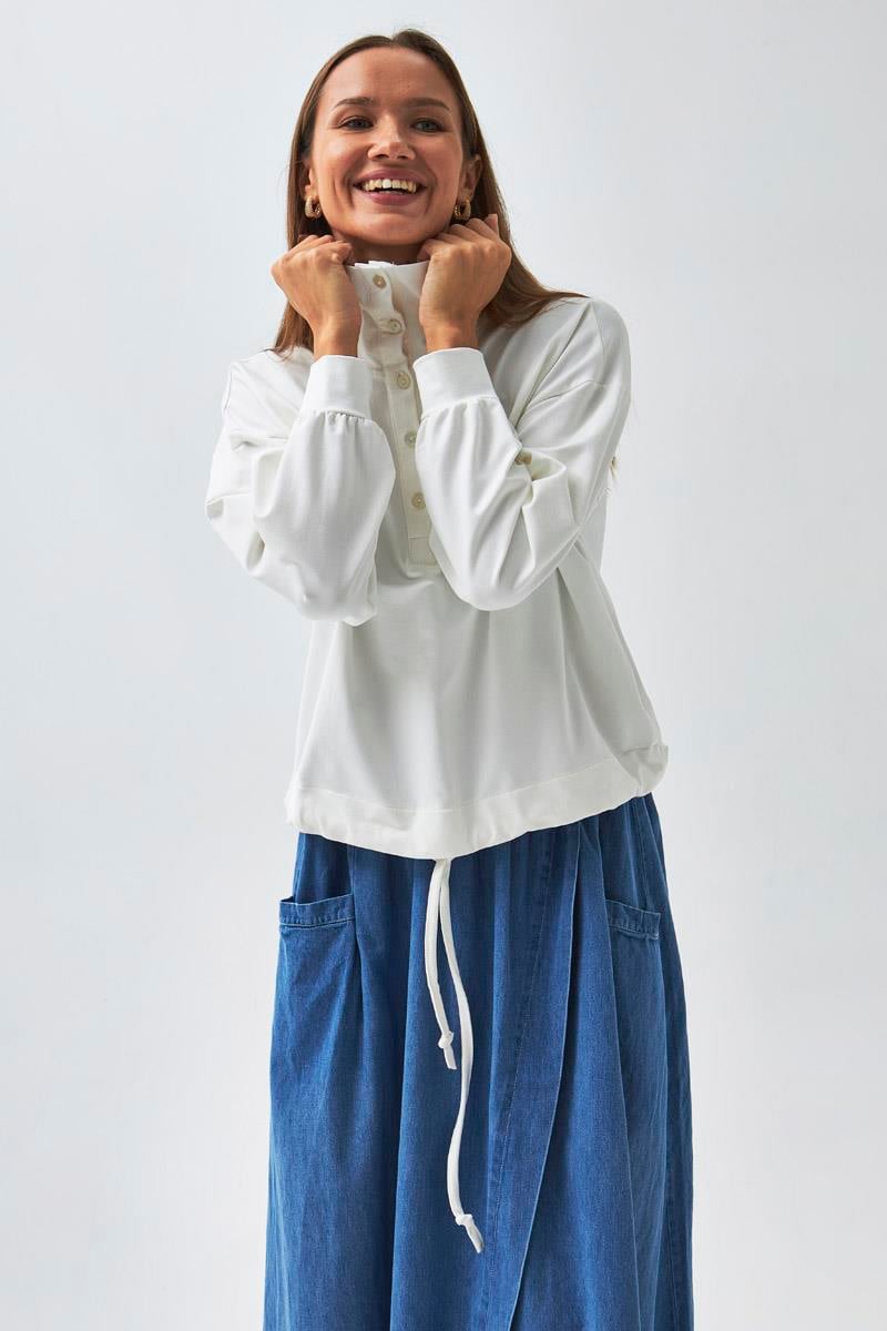 Yarım Düğmeli Sweatshirt Ekru