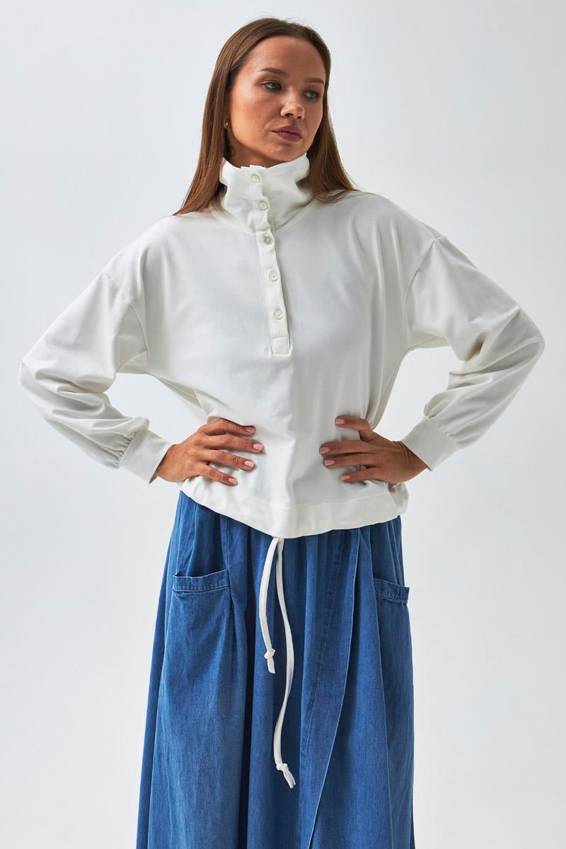Yarım Düğmeli Sweatshirt Ekru