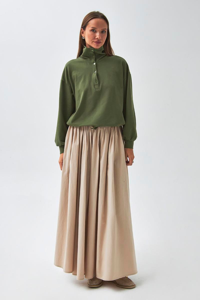 Yarım Düğmeli Sweatshirt Haki