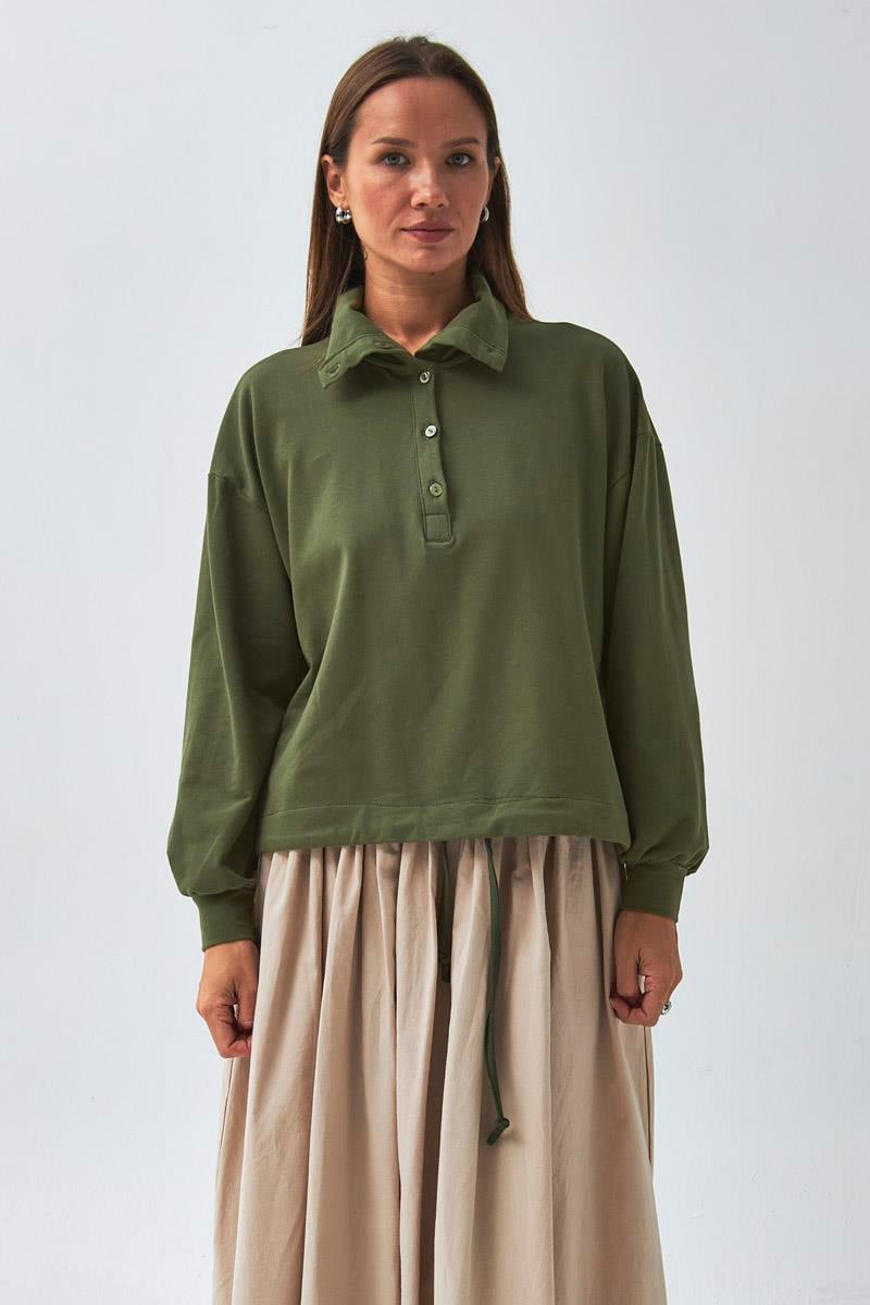Yarım Düğmeli Sweatshirt Haki