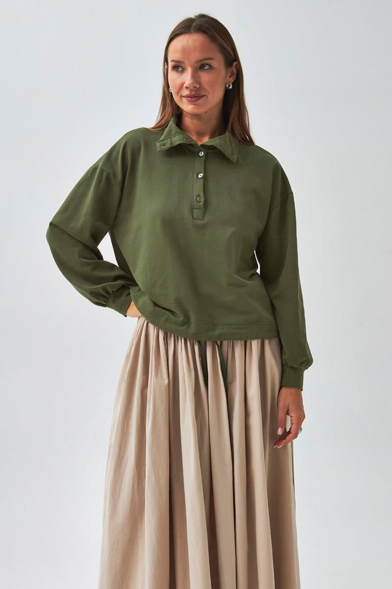 Yarım Düğmeli Sweatshirt Haki