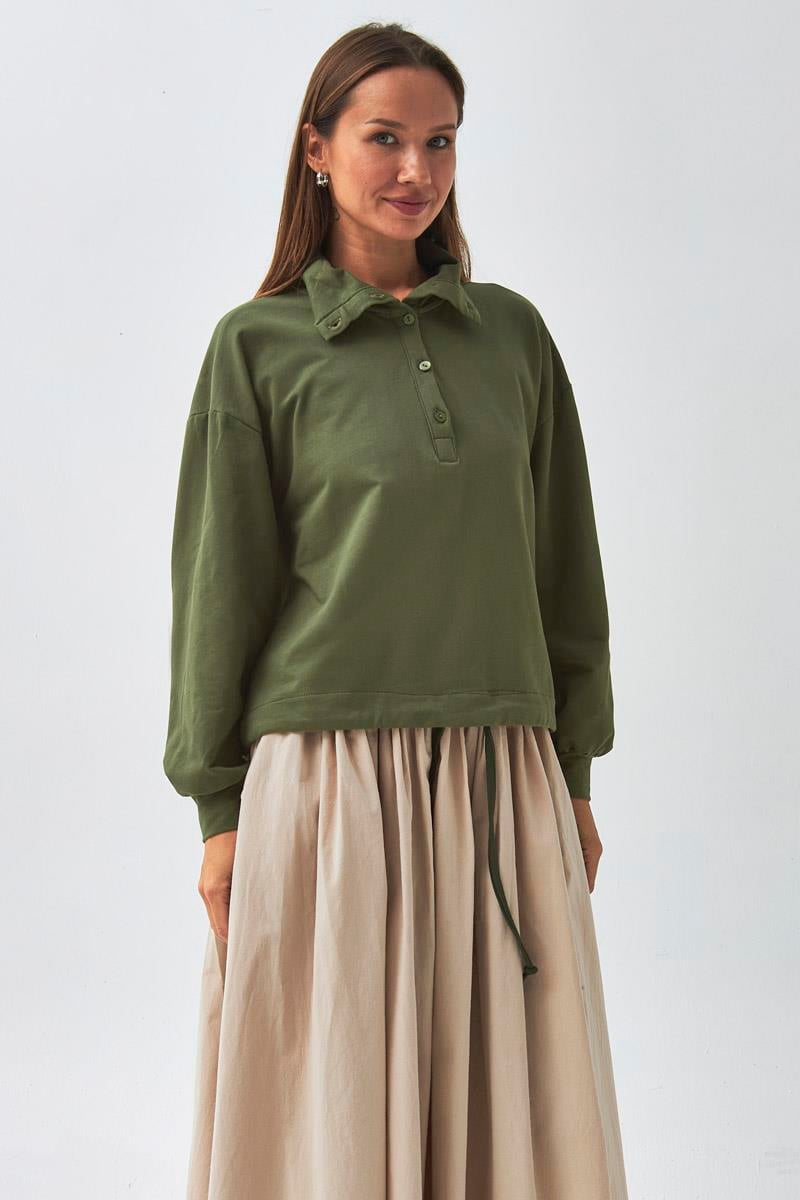 Yarım Düğmeli Sweatshirt Haki
